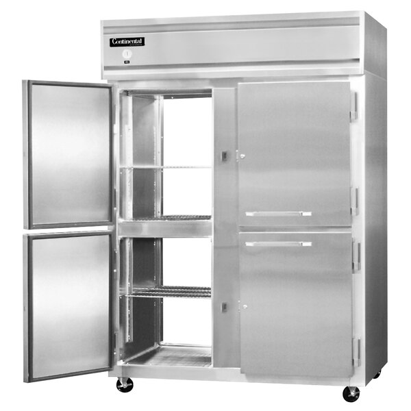 A silver Continental Refrigerator with two half doors open.