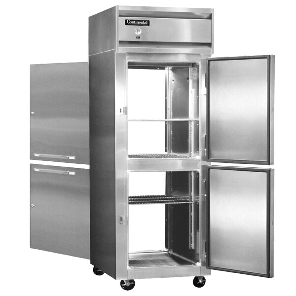 A stainless steel Continental Refrigerator with two solid half doors open.