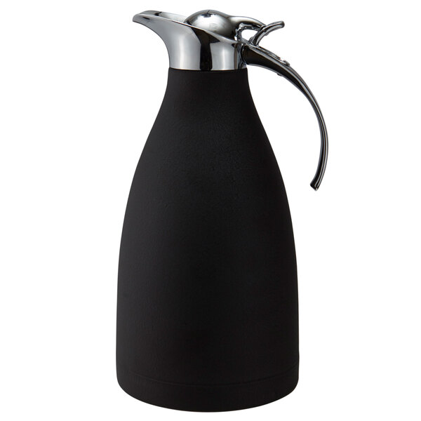 A black stainless steel container with a metal handle.