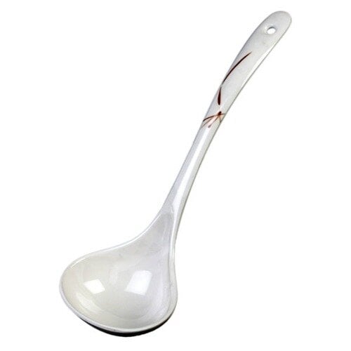 A white spoon with a brown handle.