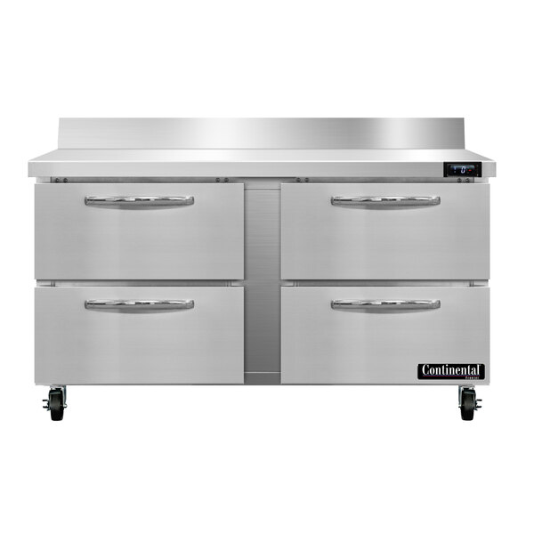 A stainless steel Continental worktop freezer with four drawers and a backsplash.