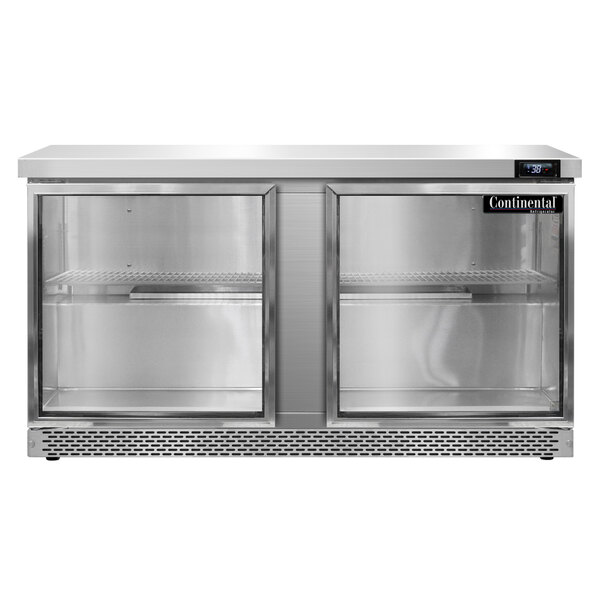 A Continental Refrigerator stainless steel undercounter refrigerator with glass doors.