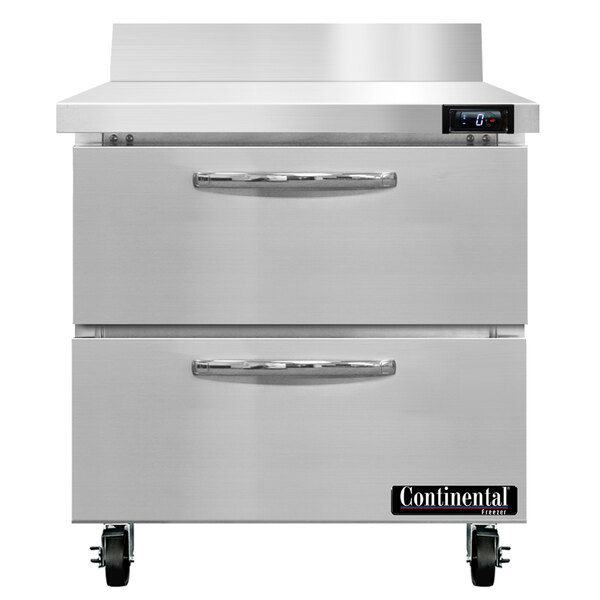 A white Continental worktop freezer with two drawers.