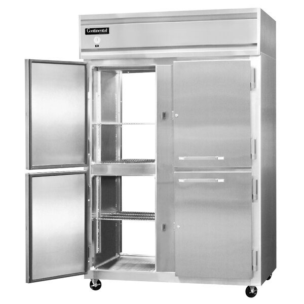 A stainless steel Continental Refrigerator with two solid half doors open.
