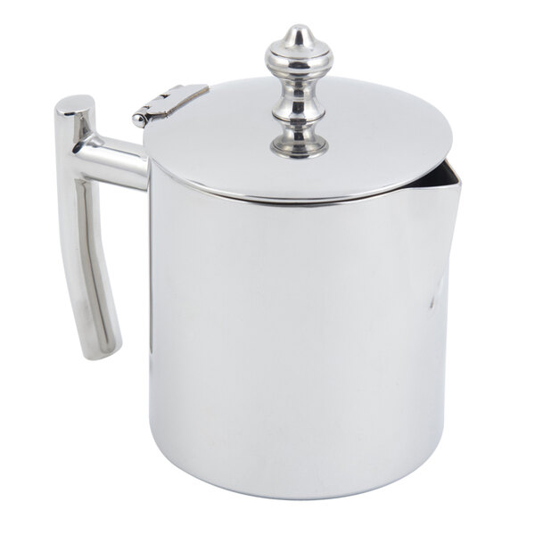 A silver stainless steel Bon Chef tea pot with a lid and handle.