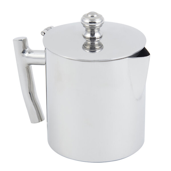 A silver stainless steel Bon Chef creamer with a lid and a handle.