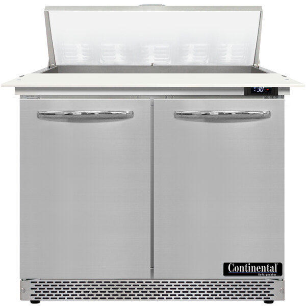 A close-up of a stainless steel Continental Refrigerator with two doors.