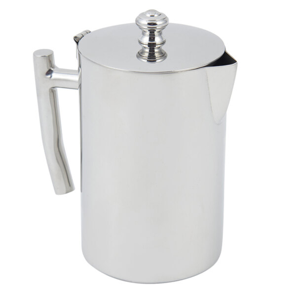 A silver stainless steel Bon Chef creamer with a handle.