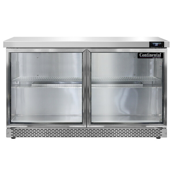 A silver Continental Refrigerator undercounter refrigerator with glass doors.