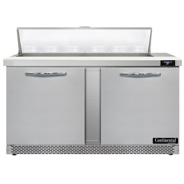 A Continental Refrigerator stainless steel refrigerated sandwich prep table with two doors.