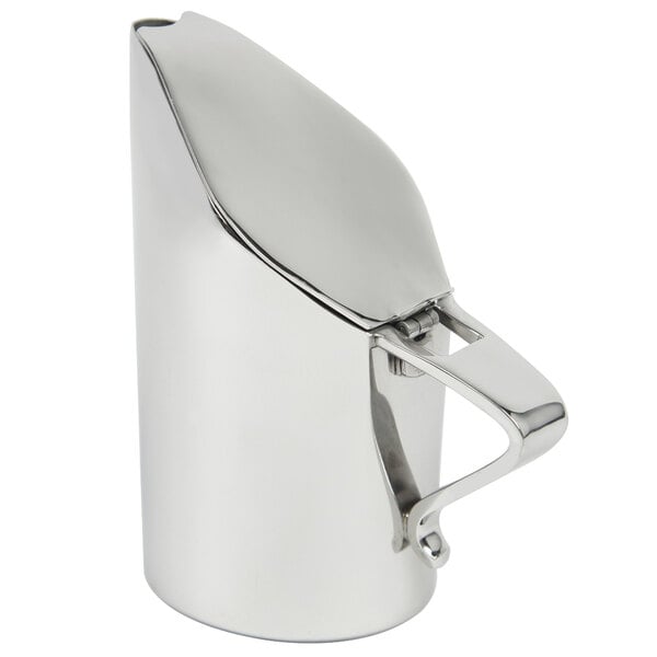 A Bon Chef stainless steel pitcher with a handle.