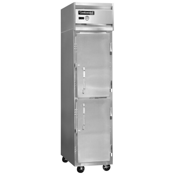 The white door of a Continental Refrigerator narrow reach-in refrigerator with a handle.