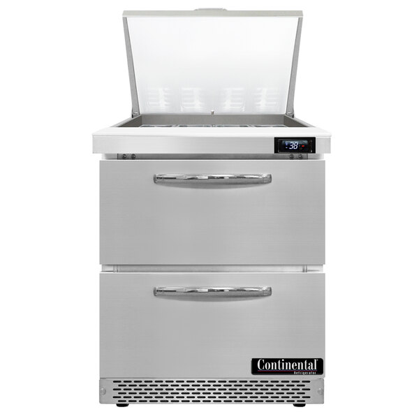 A stainless steel Continental Refrigerator with two white drawers.