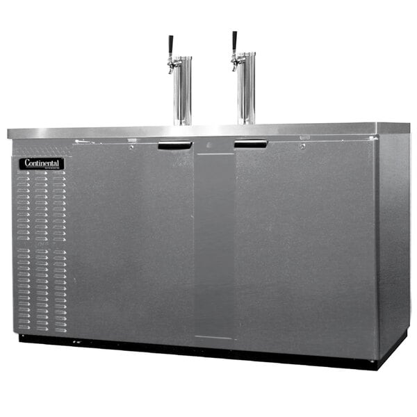 A stainless steel Continental Refrigerator beer dispenser with two taps.