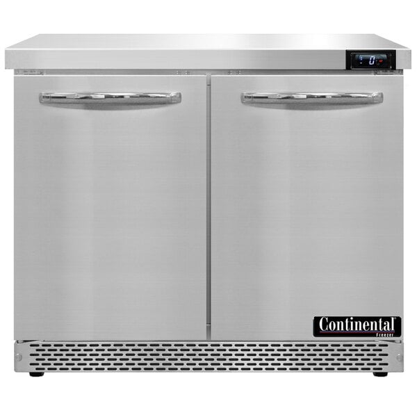 A Continental Front Breathing Undercounter Freezer with a metal grate on the front.