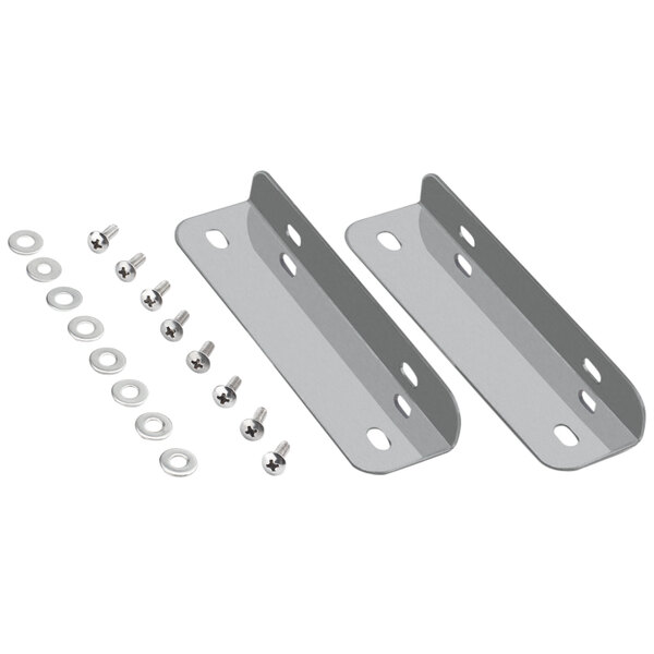 A pair of metal brackets with screws and nuts.