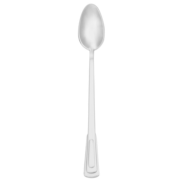 A Walco stainless steel iced tea spoon with a white handle and silver spoon on a white background.