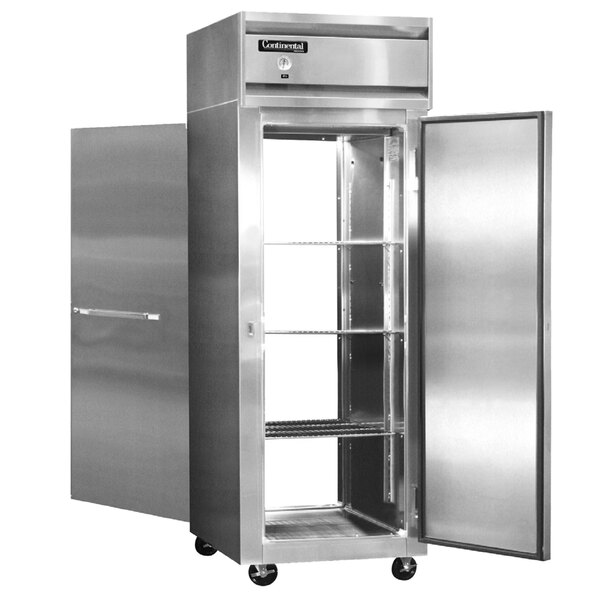 A large stainless steel Continental pass-through refrigerator with a door open.