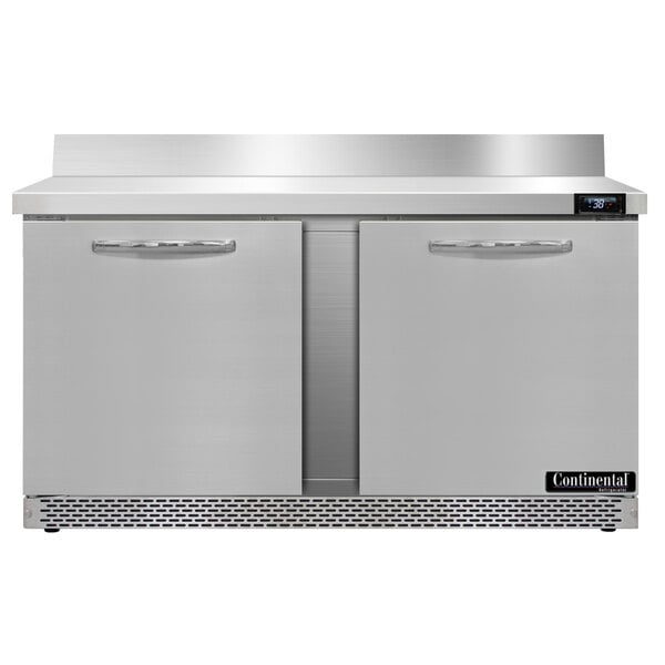 A stainless steel Continental Refrigerator worktop refrigerator with two doors.