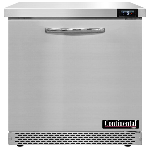 A silver Continental Refrigerator undercounter freezer with a handle.