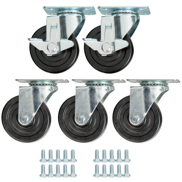 A set of four Avantco plate casters with black rubber wheels and mounting screws.