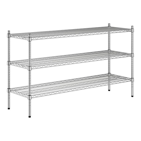 A silver metal wire shelving unit with three shelves.