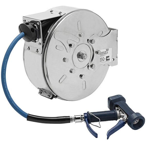 A T&S stainless steel hose reel with a silver hose and blue front trigger.