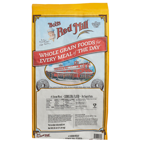 A yellow bag of Bob's Red Mill Semolina Pasta Flour.