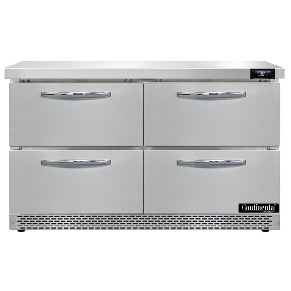 A stainless steel Continental Refrigerator undercounter refrigerator with four drawers.