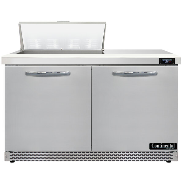 A Continental Refrigerator stainless steel sandwich prep table with two doors.