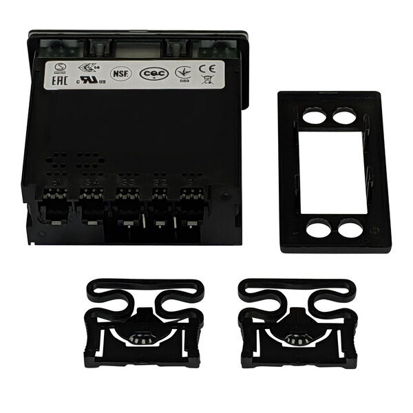A black Hoshizaki refrigerator controller kit with two white labels and two screws.