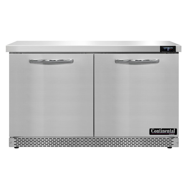 A silver Continental Refrigerator undercounter freezer with two doors.