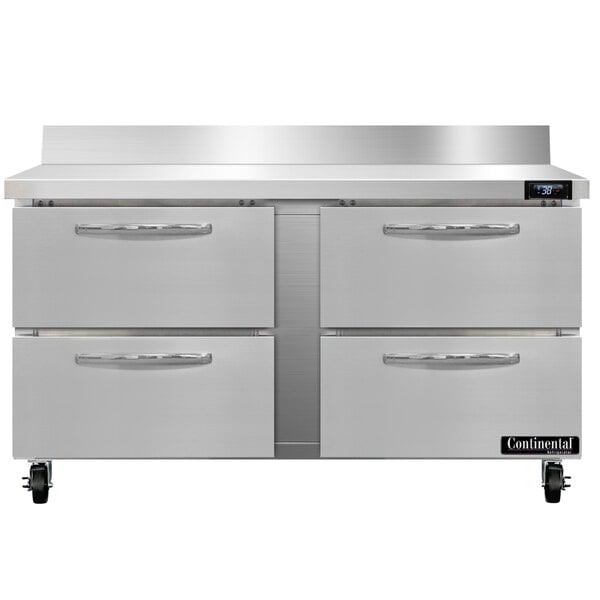 A stainless steel Continental Worktop Refrigerator with four drawers.