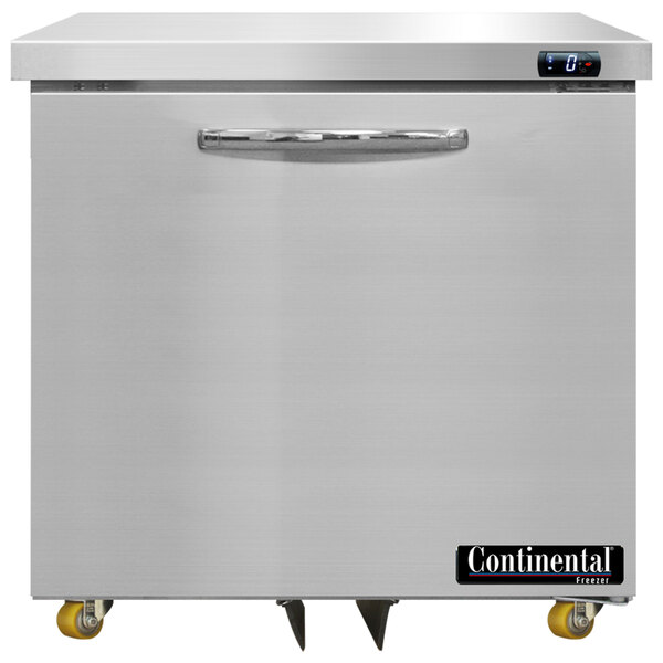 A Continental undercounter freezer with stainless steel doors.