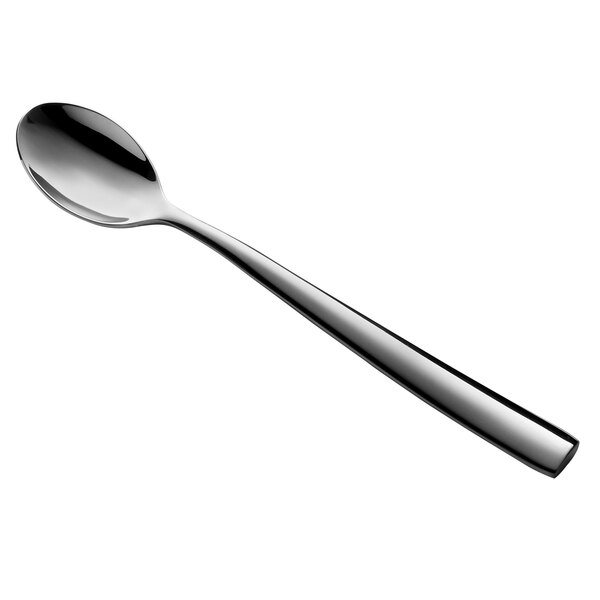 A close-up of a Reserve by Libbey stainless steel iced tea spoon with a silver handle.