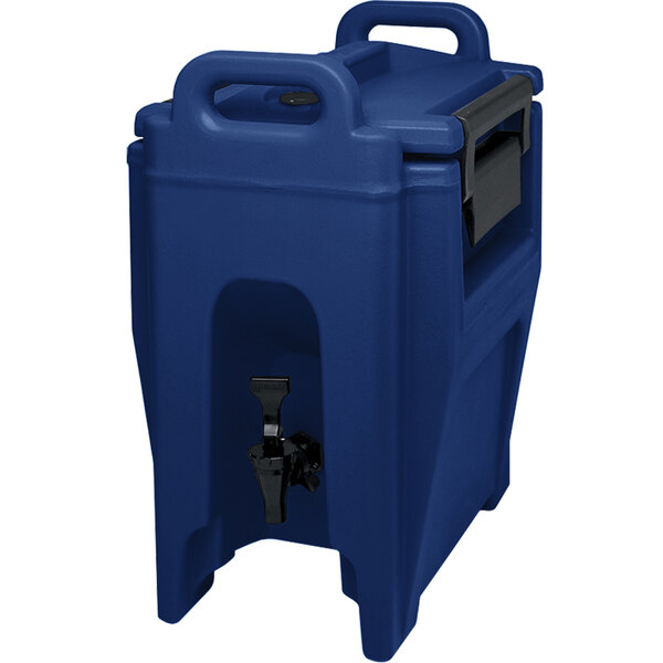A navy blue plastic Cambro insulated beverage dispenser with a black handle.