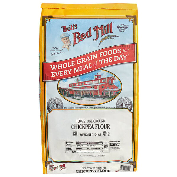 A white bag of Bob's Red Mill Garbanzo Bean Flour on a white background.