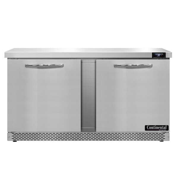 A stainless steel Continental Undercounter Refrigerator with two doors.