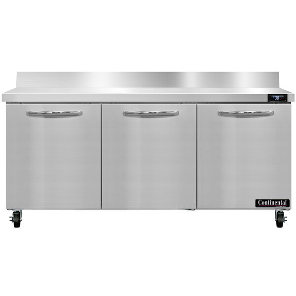 A Continental Refrigerator worktop refrigerator with stainless steel doors on a white countertop.