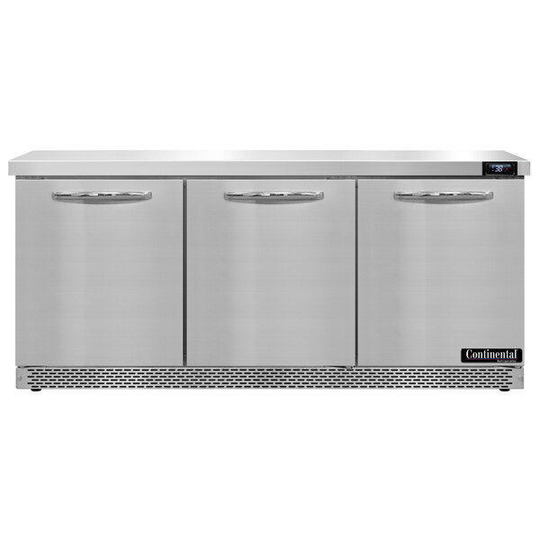 A stainless steel Continental Refrigerator with three doors.