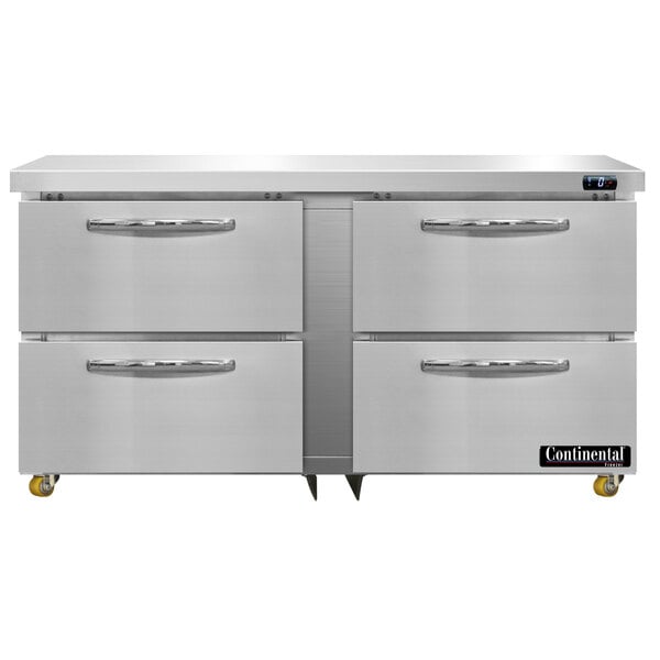 A stainless steel Continental Refrigerator undercounter freezer with four drawers.