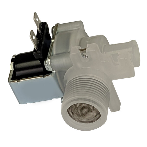 A white plastic Hoshizaki water valve with a metal cap and black cover.