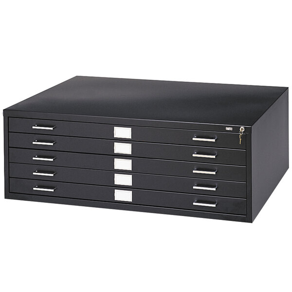 A black Safco steel flat file cabinet with five drawers.