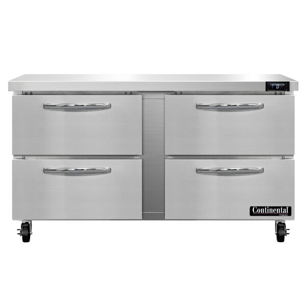 A stainless steel Continental Undercounter Freezer with four drawers.