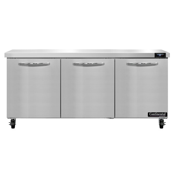 A Continental Refrigerator stainless steel undercounter refrigerator with three doors.