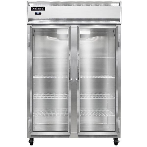 A Continental Refrigerator two section glass door reach-in refrigerator with stainless steel doors.