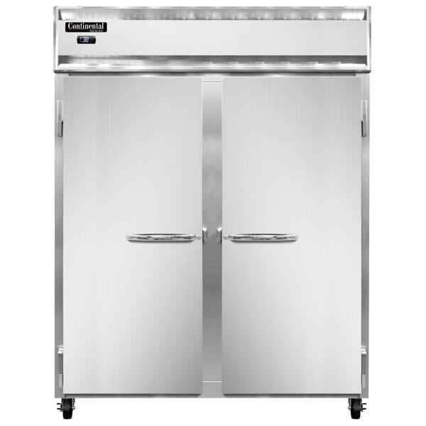 A Continental Refrigerator 2RE-N reach-in refrigerator with two doors open.
