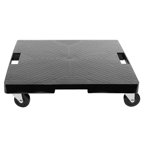 A black plastic platform with square patterns and wheels.