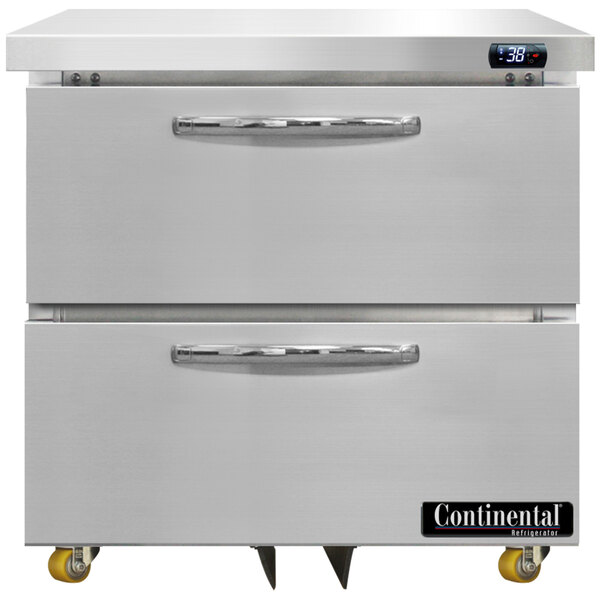 A Continental low profile undercounter refrigerator with two drawers.