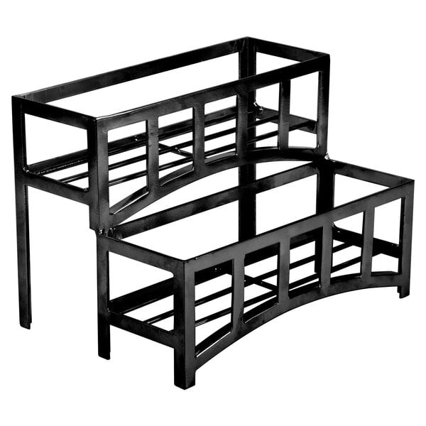 A black metal Cal-Mil display shelf with three curved shelves holding jars.